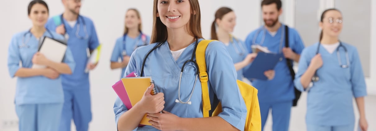Group of medical students with backpacks