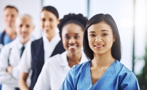 Diverse team of medical professionals standing in a line